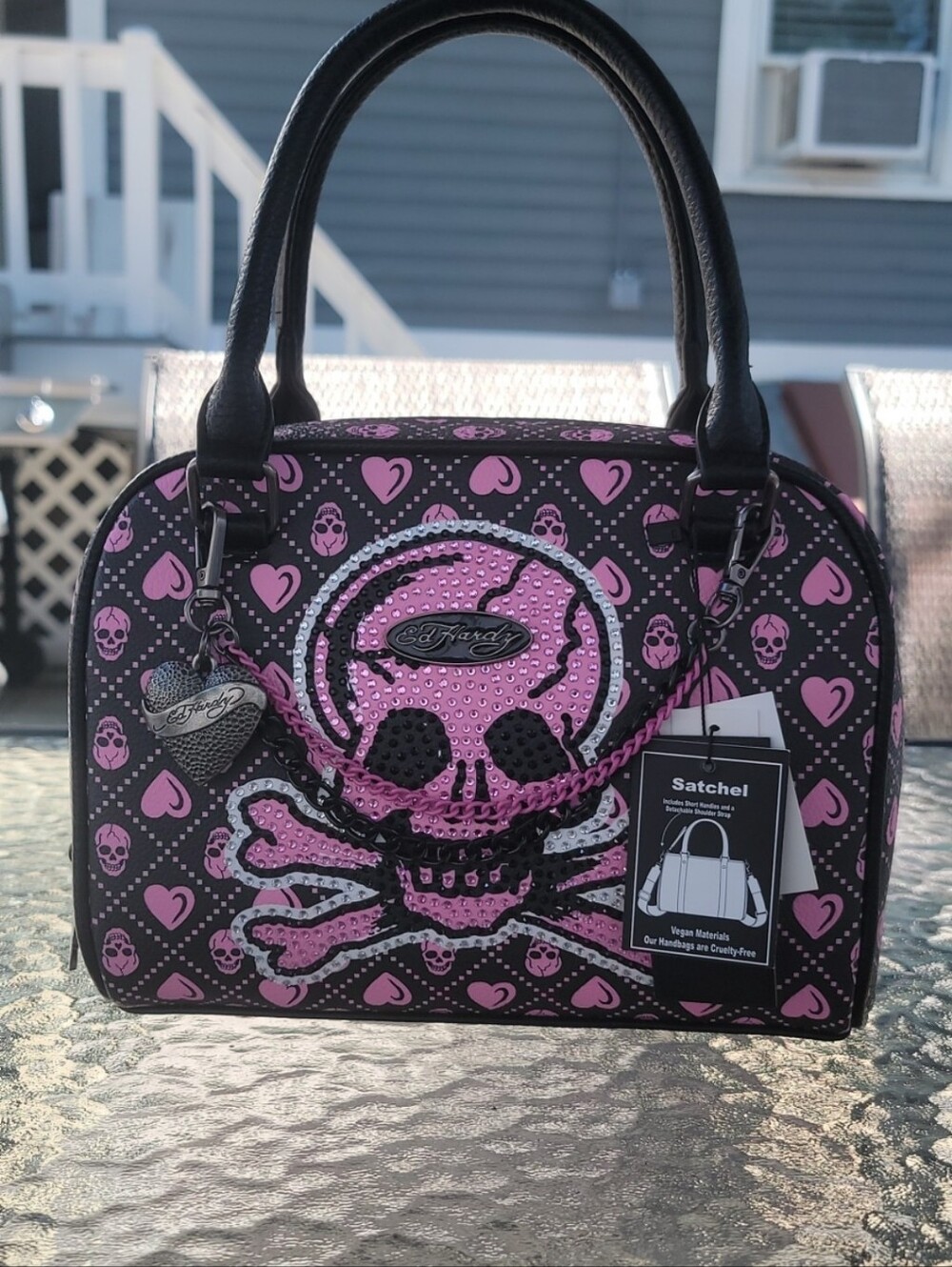 Ed Hardy Black and Pink Skull Satchel with Heart Charm